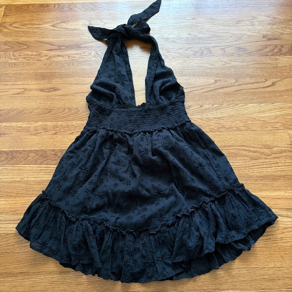 Aerie eyelet black halter coquette flirty mini dress New - Picture 4 of 5
